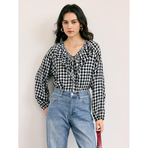 HeyDress格纹长袖抽褶衬衫 商品图0