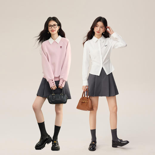 【08/27新品】熙世界学院风收腰衬衫女秋季2025年新款显瘦修身刺绣长袖白色衬衣 商品图2