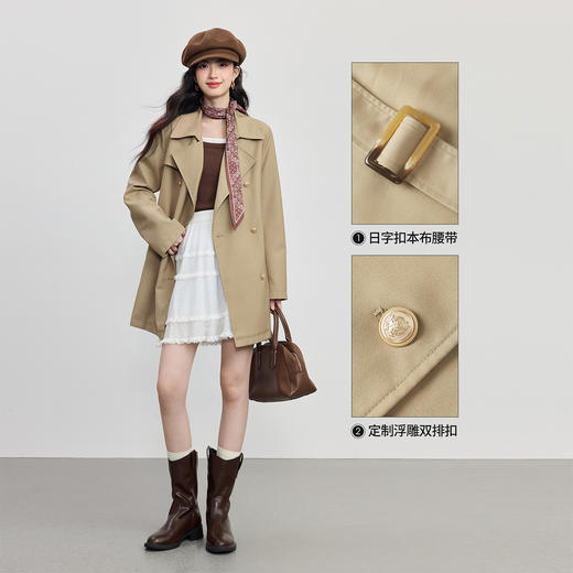 【08/27新品】熙世界可拆卸腰带卡其色风衣外套女2025秋装新款英伦风中长款大衣 商品图1