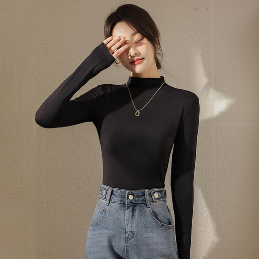 黑色半高领打底衫女春秋内搭修身面膜长袖t恤中领薄款上衣 商品图1