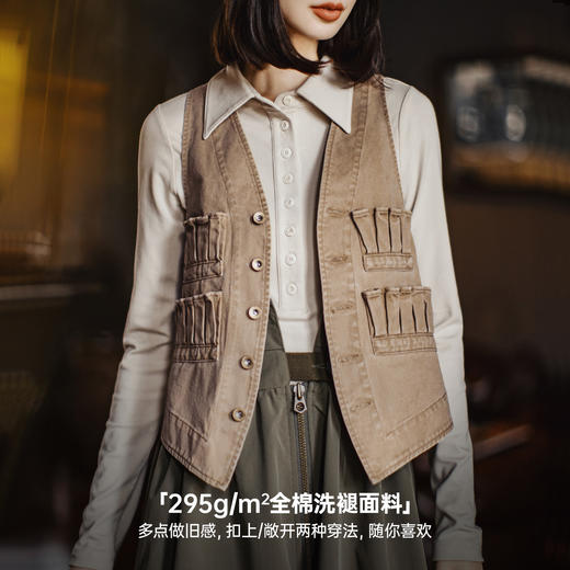 马登复古多口袋V领无袖工装外搭套叠穿马甲夹坎肩心上衣女士秋季 商品图3