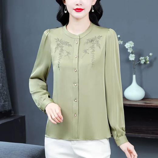 中国风真丝衬衫女妈妈装2025春秋刺绣立领杭州桑蚕丝缎面长袖上衣 商品图0