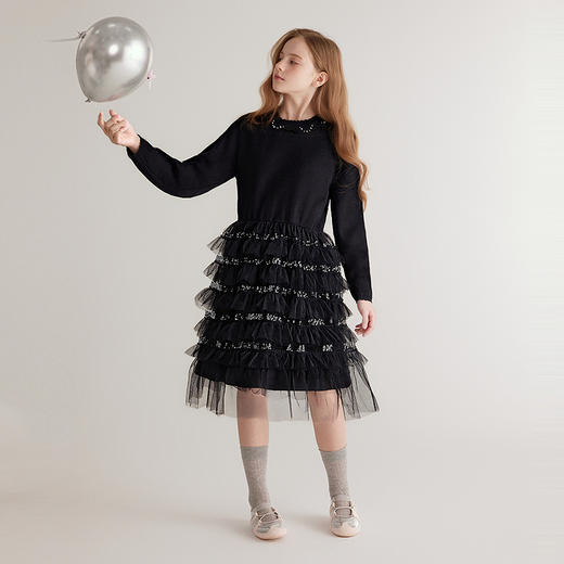 笛莎Deesha 童装女童连衣裙2025冬新款女童层叠珠片连衣裙 商品图2