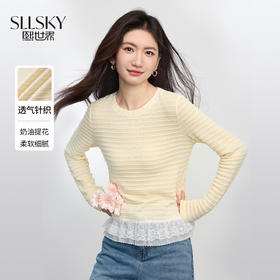 【08/27新品】熙世界甜美芭蕾风蕾丝拼接针织T恤女长袖减龄圆领上衣2025秋新款