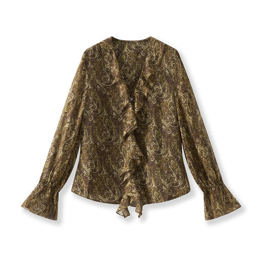 「高货wl」全新升级【铂金会员266/天猫359/差价93】(04506)洛诗琳复古氛围感印花上衣2025秋季荷叶边V领雪纺衬衫女 商品图4