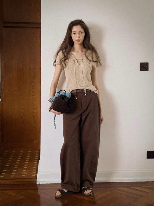 Even Vintage |亚麻混纺 闪闪微光V领系带复古针织透气短袖上衣 商品图0