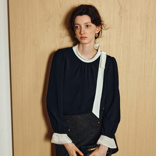 OLrain欧芮儿黑色撞色飘带轻奢法式衬衫女秋季2025新款半高领上衣 商品图3