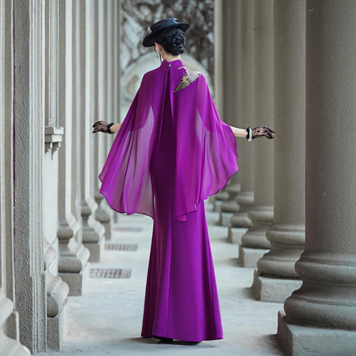 NL10-28夏季新款弹力免烫飘逸凤尾花改良单开叉长款旗袍走秀舞台演出服 商品图2