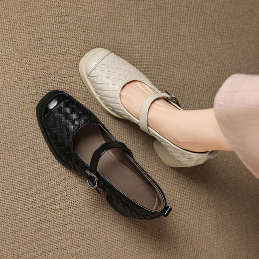 【预售5天】舒适厚底编织小皮鞋女新款真皮方头浅口单鞋粗跟高跟玛丽珍鞋ZYY&A1321 商品图0