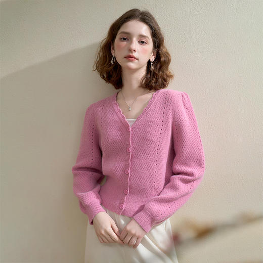 法式V领镂空花边针织衫女秋季多巴胺玫粉韩系显瘦毛衣开衫V3051188 商品图4