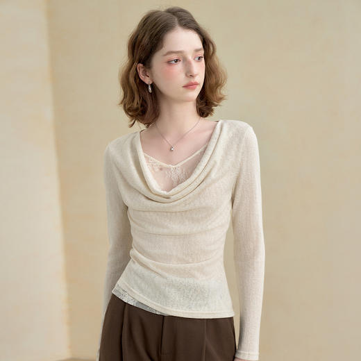 西遇温柔气质蕾丝荡领长袖T恤女薄款假两件修身显瘦上衣V2751193 商品图3