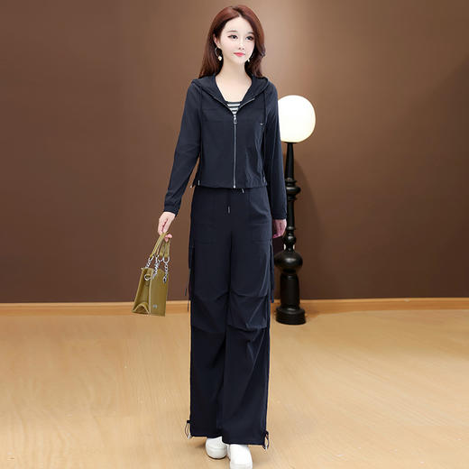 QYM 58C258503-Y时尚三件套条纹背心+连帽短款外套+高腰直筒长裤休闲装 商品图1