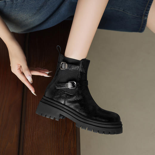 阿么手工女鞋厚底机能风秋冬短靴百搭皮带扣复古真皮切尔西靴5CM 商品图1