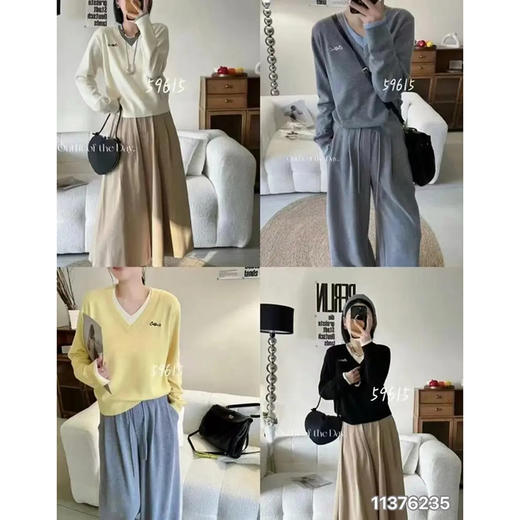 秋冬撞色V领字母刺绣套头长袖针织衫假两件毛衣  YX-11376235 商品图0