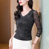 KQL 520N88131时尚纱网印花长袖V领修身显瘦洋气打底衫T恤上衣 商品缩略图1