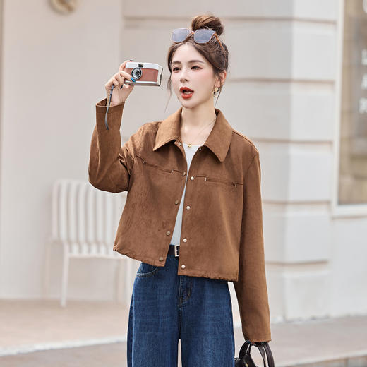 L2586-0822秋季新款文艺简约纯色翻领宽松单排扣气质小衫时尚外套L2586 商品图1