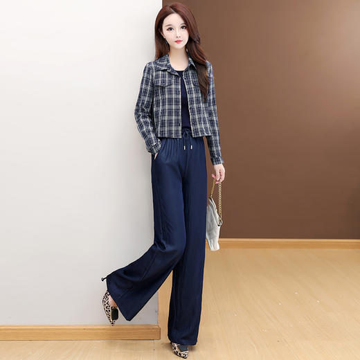 QYM 53B254-Y优雅三件套背心+格纹短款衬衫+高腰直筒阔腿裤套装 商品图3