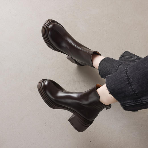 阿么手工女鞋防水台高跟短靴女7.5CM轻便不累脚纯色秋冬真皮靴子 商品图4