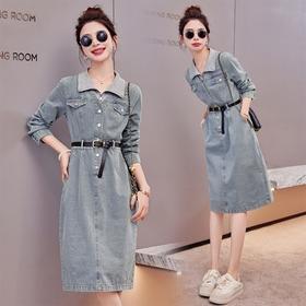 牛仔长袖拼接连衣裙polo领假两件~休闲简约通勤显瘦YLFS8882