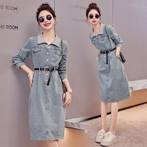 牛仔长袖拼接连衣裙polo领假两件~休闲简约通勤显瘦YLFS8882 商品图0