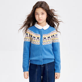 笛莎Deesha 2025秋季新款女童时尚费尔岛提花针织开衫