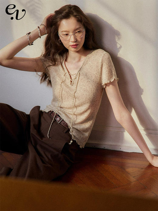 Even Vintage |亚麻混纺 闪闪微光V领系带复古针织透气短袖上衣 商品图4