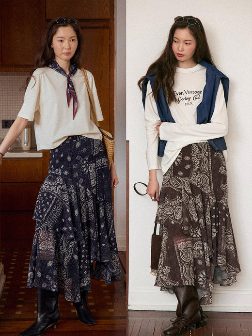 Even Vintage | 波嬉风佩斯利 长款复古百搭新款不规则印花半裙 商品图1