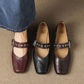 【预售5天】头层羊皮铆钉皮带扣玛丽珍鞋秋粗低跟芭蕾方头真皮单鞋女NGMZR&72-176