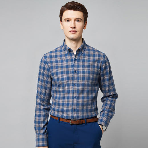 【全棉】罗蒙秋冬格纹长袖衬衫男士厚款亲肤舒适简约时尚男士长袖衬衣 商品图2