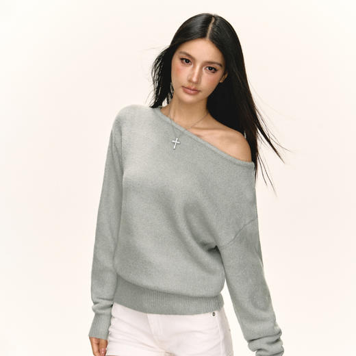 Ariseism 美式复古宽松斜肩毛衣女秋季新款外穿针织上衣 商品图0