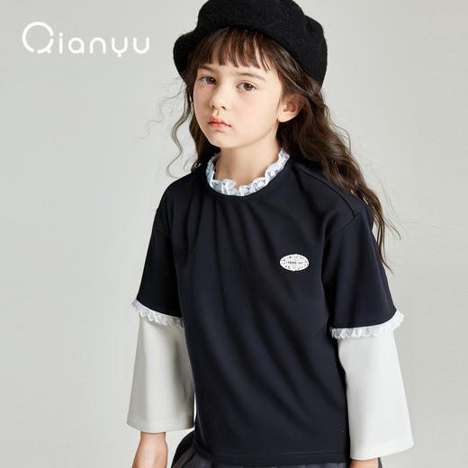 笛莎千与2025秋季新款女童蕾丝花边假两件拼接长袖T恤 商品图2