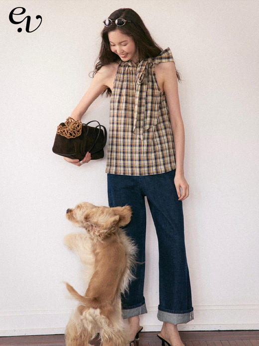 Even Vintage | 复古泡泡格纹 宽松A型领口褶皱花边系带无袖上衣 商品图0