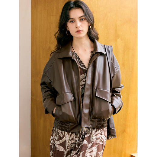 HeyDress翻领蛋白PU宽松夹克 商品图0