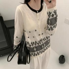 复古提花圆领短袖针织衫修身显瘦百搭上衣   YX-11368039
