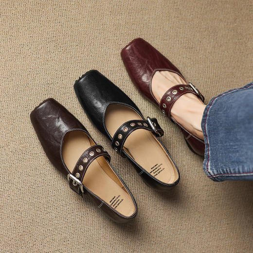 【预售5天】头层羊皮铆钉皮带扣玛丽珍鞋秋粗低跟芭蕾方头真皮单鞋女NGMZR&72-176 商品图1