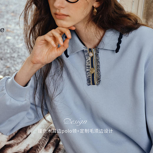 OLrain欧芮儿2025新款女秋季时尚通勤设计感polo领蓝色套头卫衣 商品图1