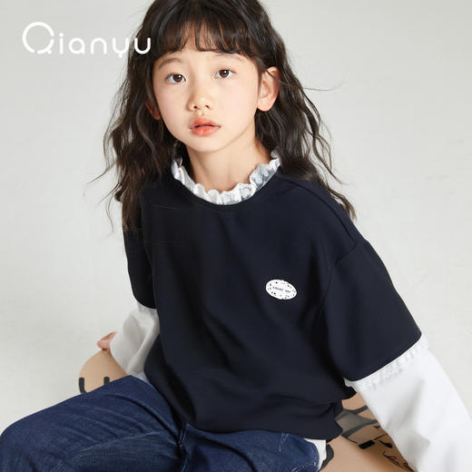 笛莎千与2025秋季新款女童蕾丝花边假两件拼接长袖T恤 商品图0