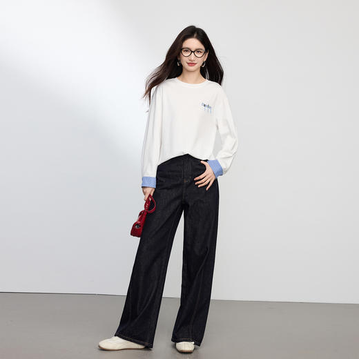 【08/27新品】熙世界100长绒棉白色长袖T恤女2025秋季新款字母刺绣圆领体恤上衣 商品图2