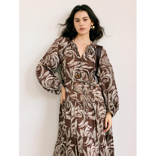 HeyDress叶子印花系带长款连衣裙 商品图1