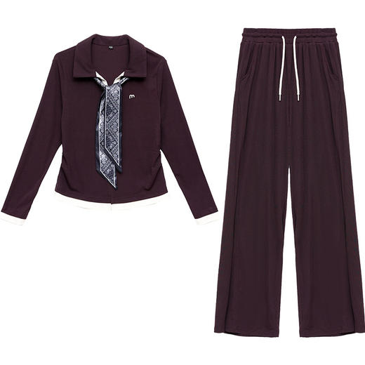 QYM 53B256-Y时尚两件套裤直筒裤+翻领长袖拼色收腰小衫套装 商品图4