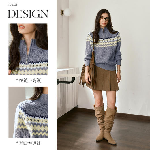 OLrain欧芮儿复古费尔岛绞花拉链半高领毛织套头衫女秋季2025新款 商品图1