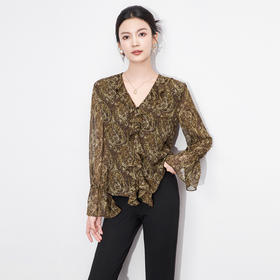 「高货wl」全新升级【铂金会员266/天猫359/差价93】(04506)洛诗琳复古氛围感印花上衣2025秋季荷叶边V领雪纺衬衫女