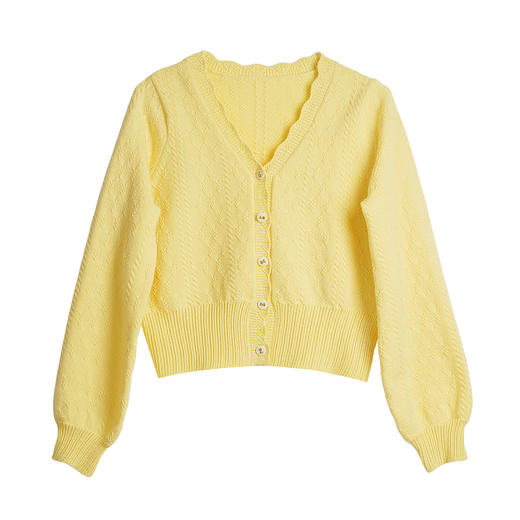 OLrain欧芮儿2025新款女秋季通勤黄色波浪花边V领绞花毛织开衫 商品图3