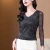 KQL 520N88131时尚纱网印花长袖V领修身显瘦洋气打底衫T恤上衣 商品缩略图3