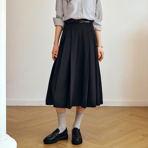 OLrain欧芮儿通勤百褶显瘦中长裙女秋季2025新款小众高腰a字裙 商品图0