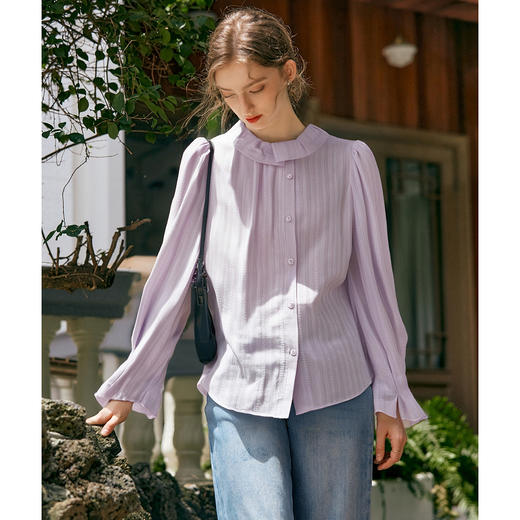 OLrain欧芮儿法式圆领衬衫2025秋季新款紫色法式提花长袖上衣 商品图0