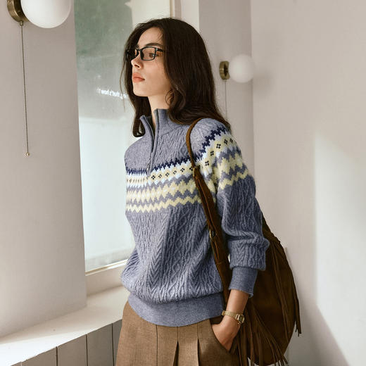 OLrain欧芮儿复古费尔岛绞花拉链半高领毛织套头衫女秋季2025新款 商品图3