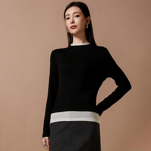 爱帝莱赛尔绵羊毛拼色假两件秋季薄款打底衫 商品图4