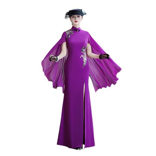 NL10-28夏季新款弹力免烫飘逸凤尾花改良单开叉长款旗袍走秀舞台演出服 商品图3