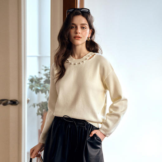 OLrain欧芮儿2025新款秋季法式镂空圆领宽松套头毛衣羊毛衫上衣女 商品图0